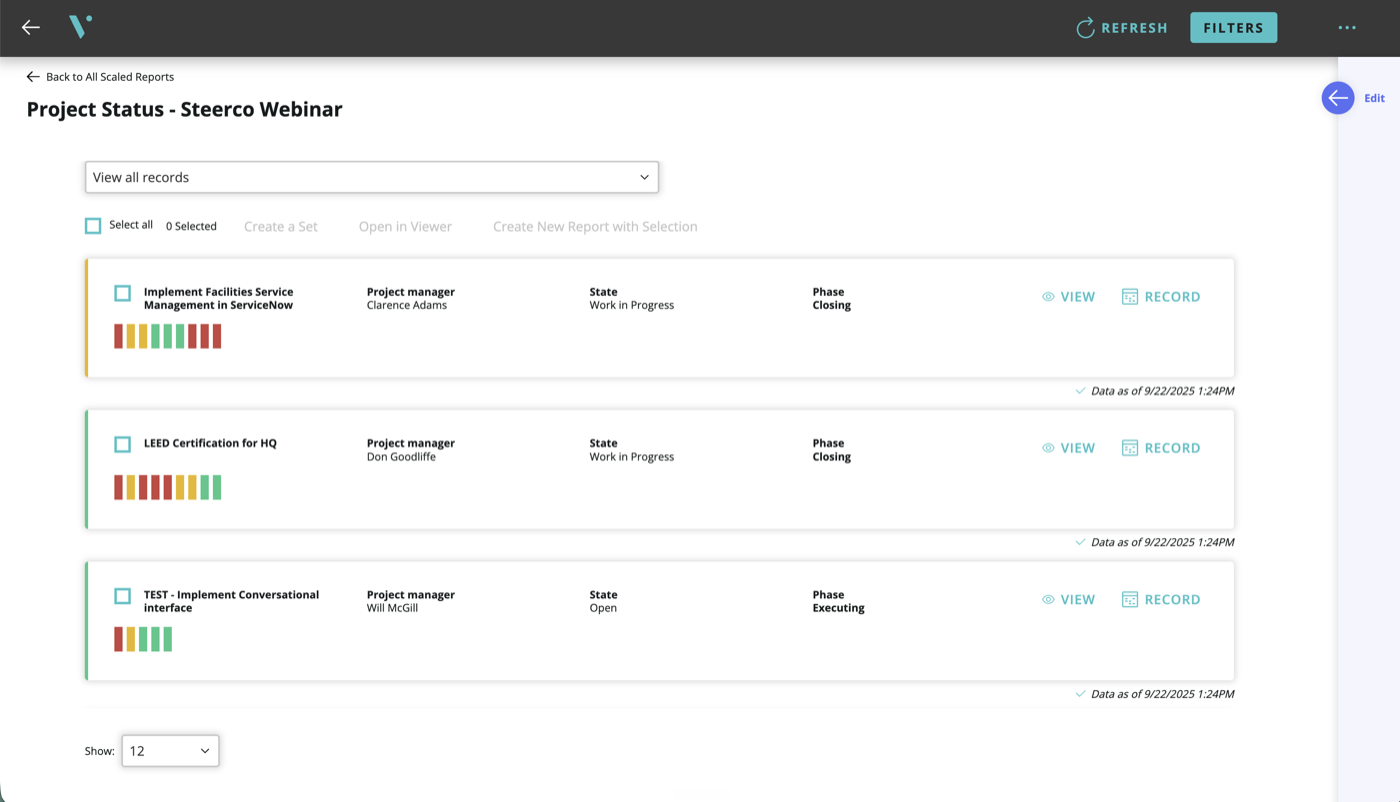 VividCharts Automate — a list of Scaled Reports refreshed on schedule, each showing its live data timestamp.