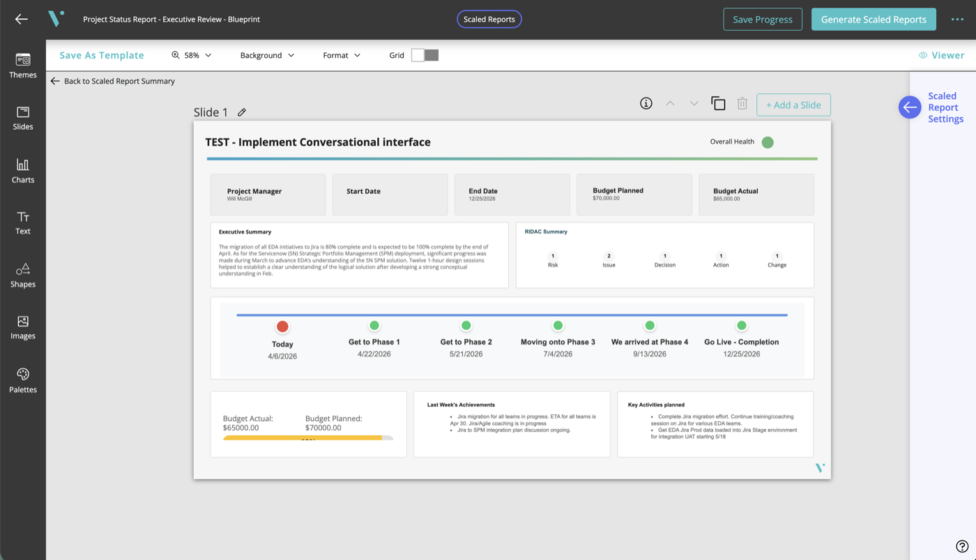 VividCharts Build — authoring a Scaled Report blueprint in the native ServiceNow slide editor.