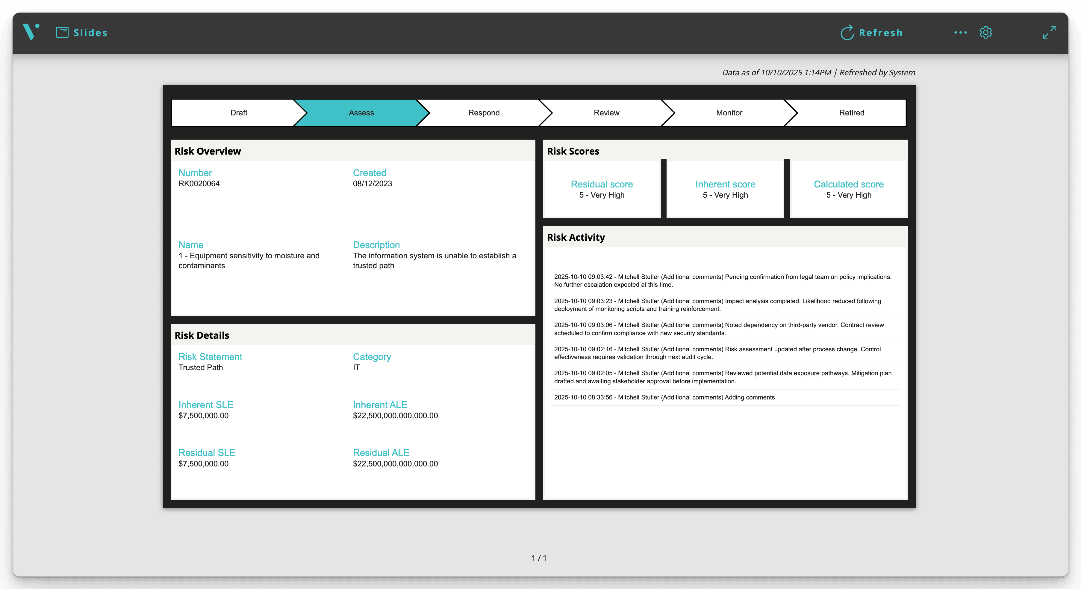 Risk Review Report report on live ServiceNow data